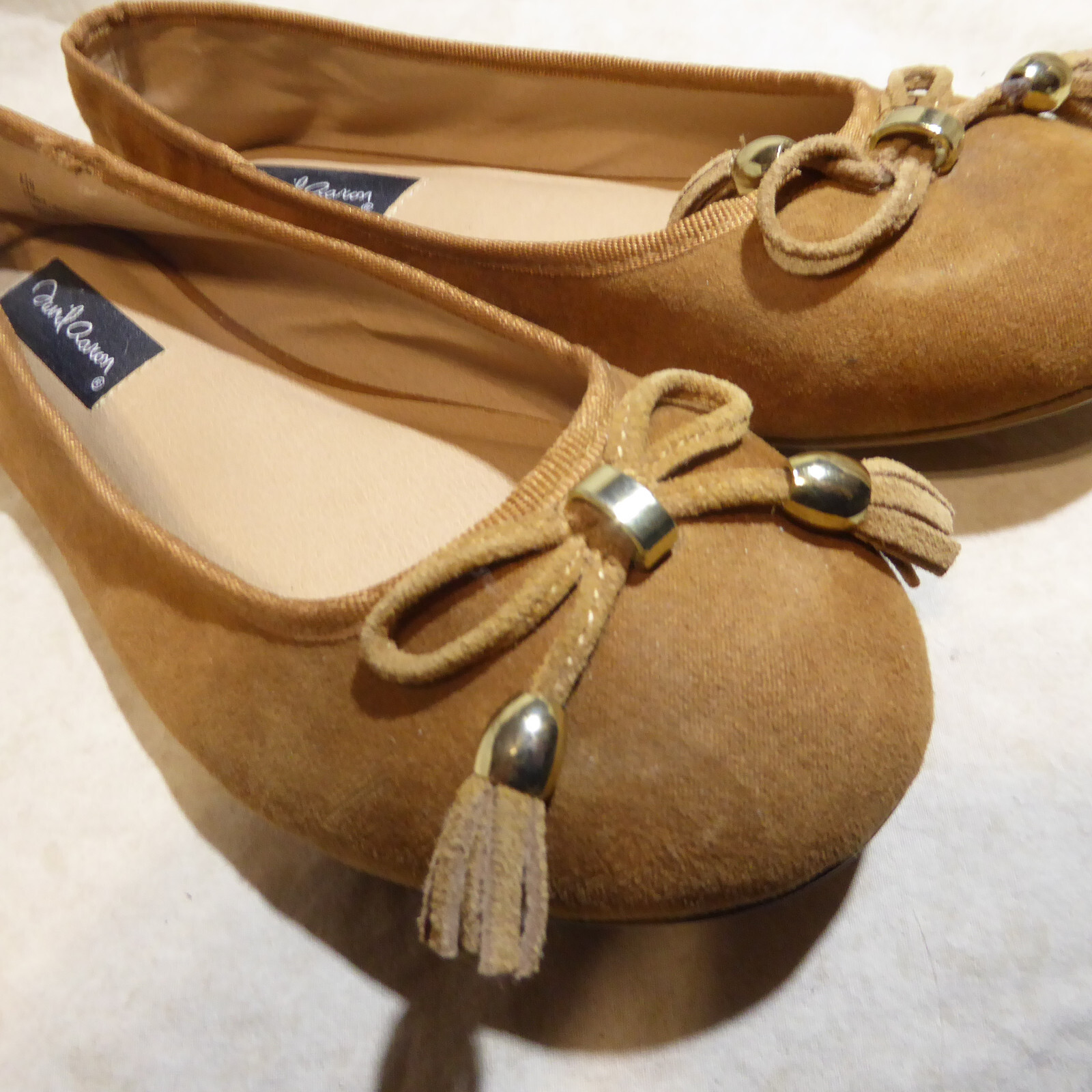 🩰 David Aaron Ballet Flats sz 8.5 M Butterscotch Brown Suede; Tasseled Bows