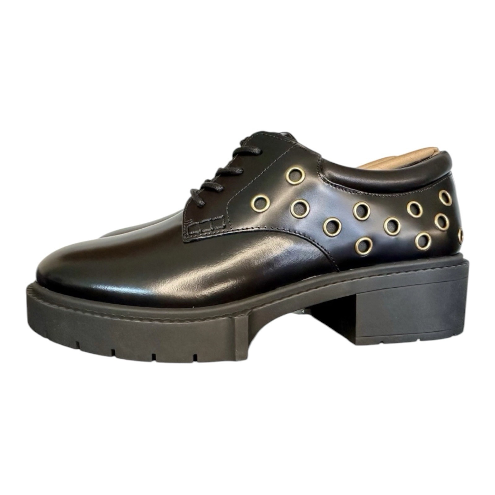 Coach Women’s Black Leather Platform Derby Oxford Shoes Gold Grommet Chunky Heel