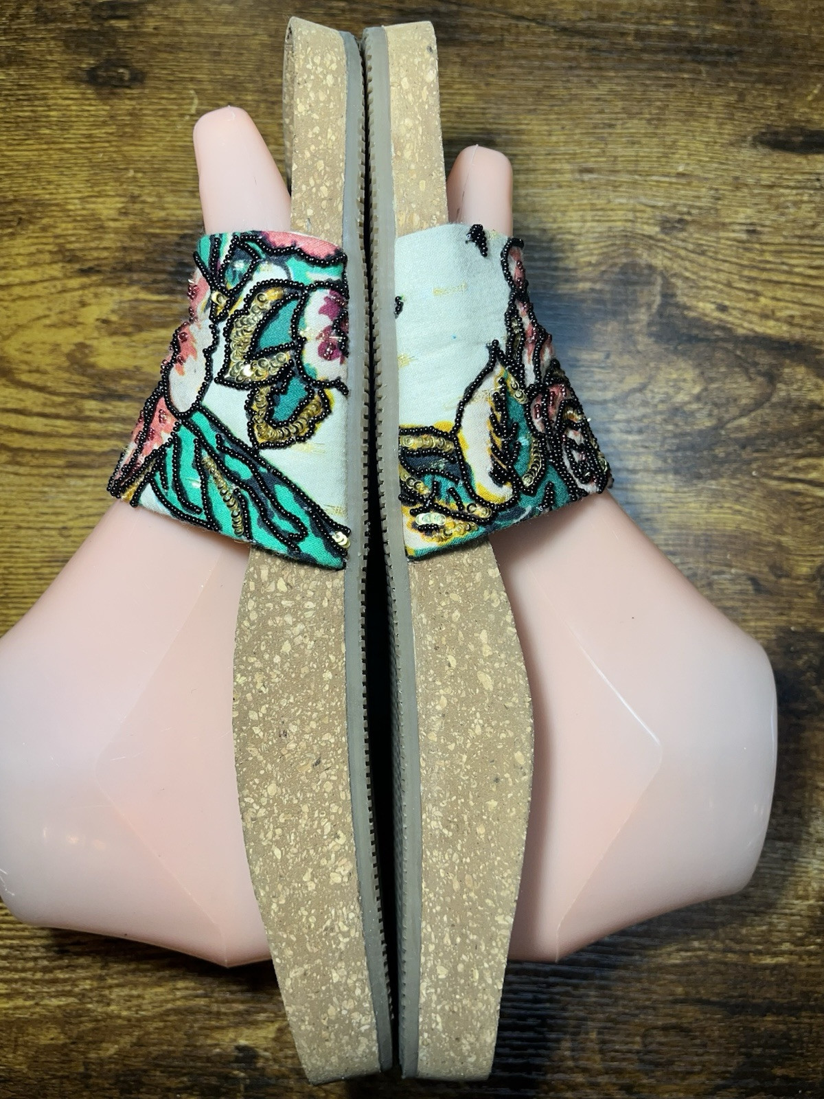 Figue Designer Sandals 8.5-9 Slides Beaded Sequined Rose Pattern Neiman Barneys