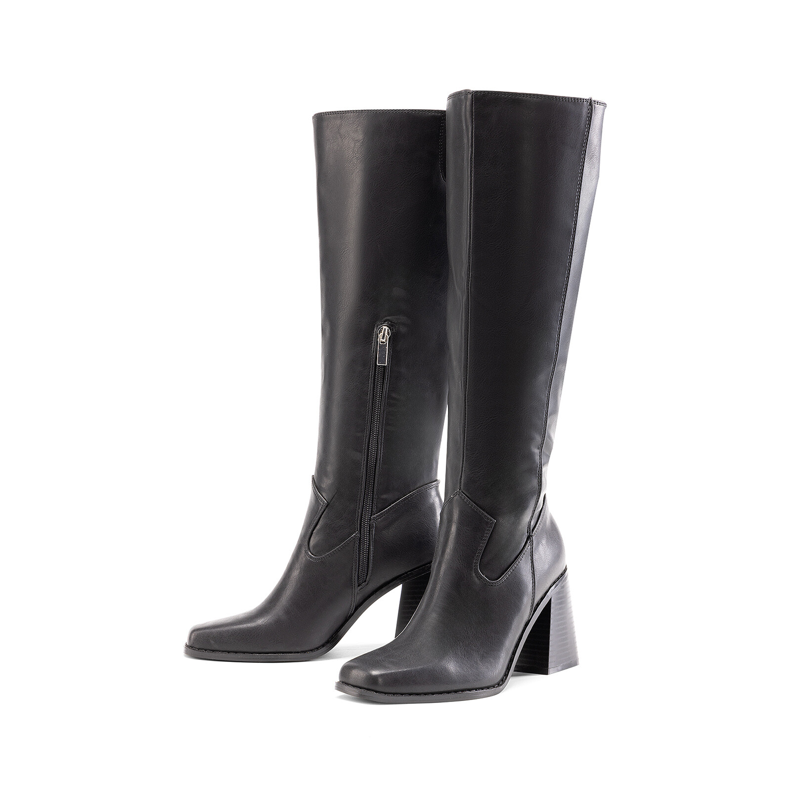 Women Square Toe Knee High Boots Chunky Heel Zip Up Boots