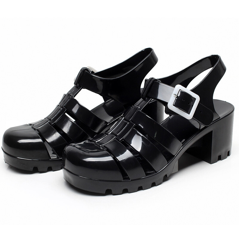 Women’s Slingback Jelly Sandals Block Mid Heels Summer Round Toe Platform Shoes