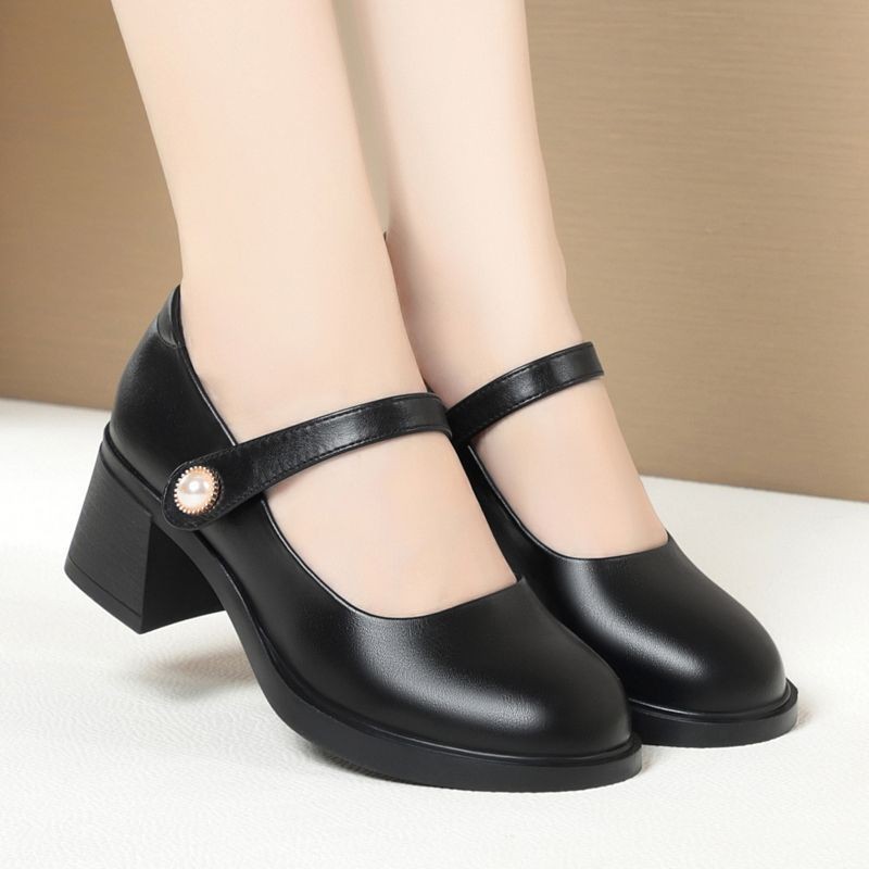 Women’s Leather Buckle Mid Block Heels Round Toe Pumps Mary Janes Office Shoes