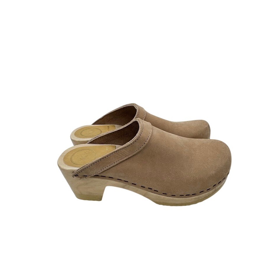 No.6 Old School Clogs Tan Suede Wood Heel Mules Sand Size 36