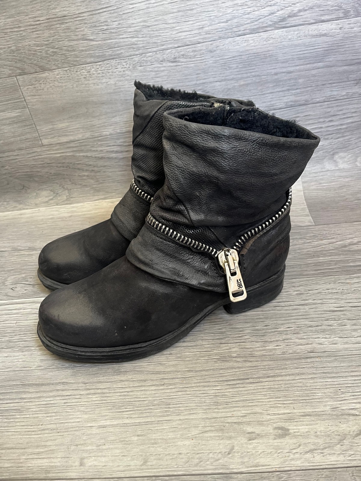 A.S 98 Saint ankle black suede grunge suede moto biker boots fur lined sz 38 us8