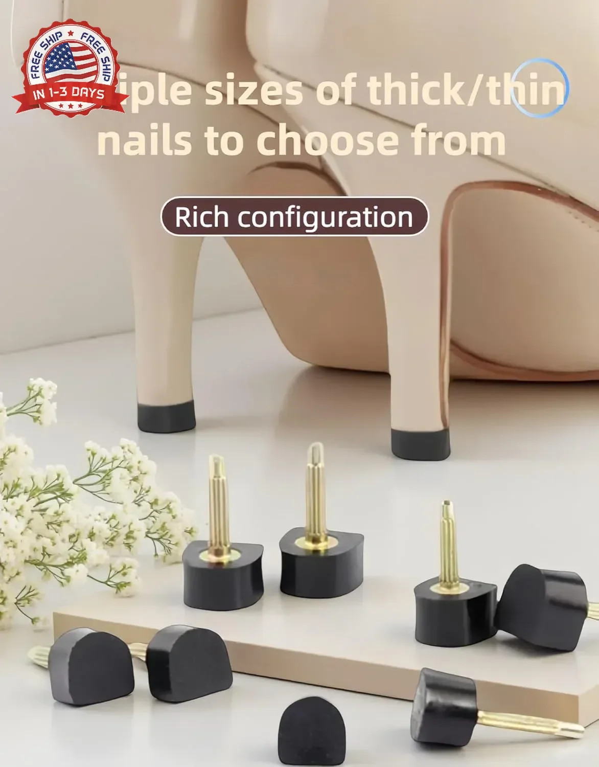 10 Pairs High Heel Tips Replacement – U/Cap Style, 2.4mm & 3mm Metal Core, 5 Siz