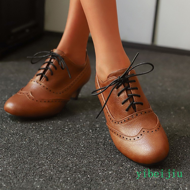 Spring Women’s Low Kitten Heel Wing Tip Lace Up Brogue Shoes Vintage Plus Size