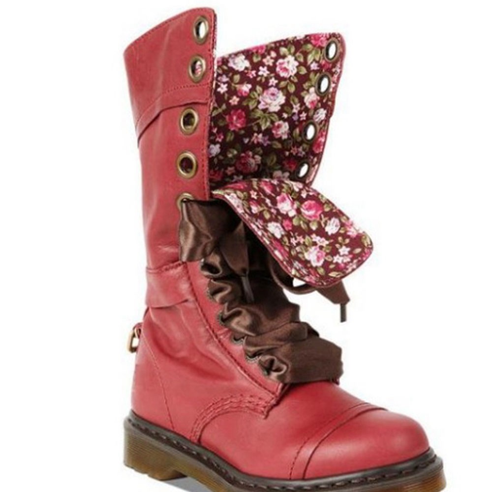 Retro Womens Mid Calf Boots Lace Up Biker Punk Military Combat Ankle Bootie Shoe