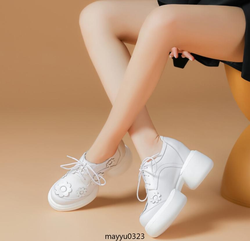 Womens Floral Lace Up Leather Mid Chunky Heel Round Toe Platform Casual Shoes