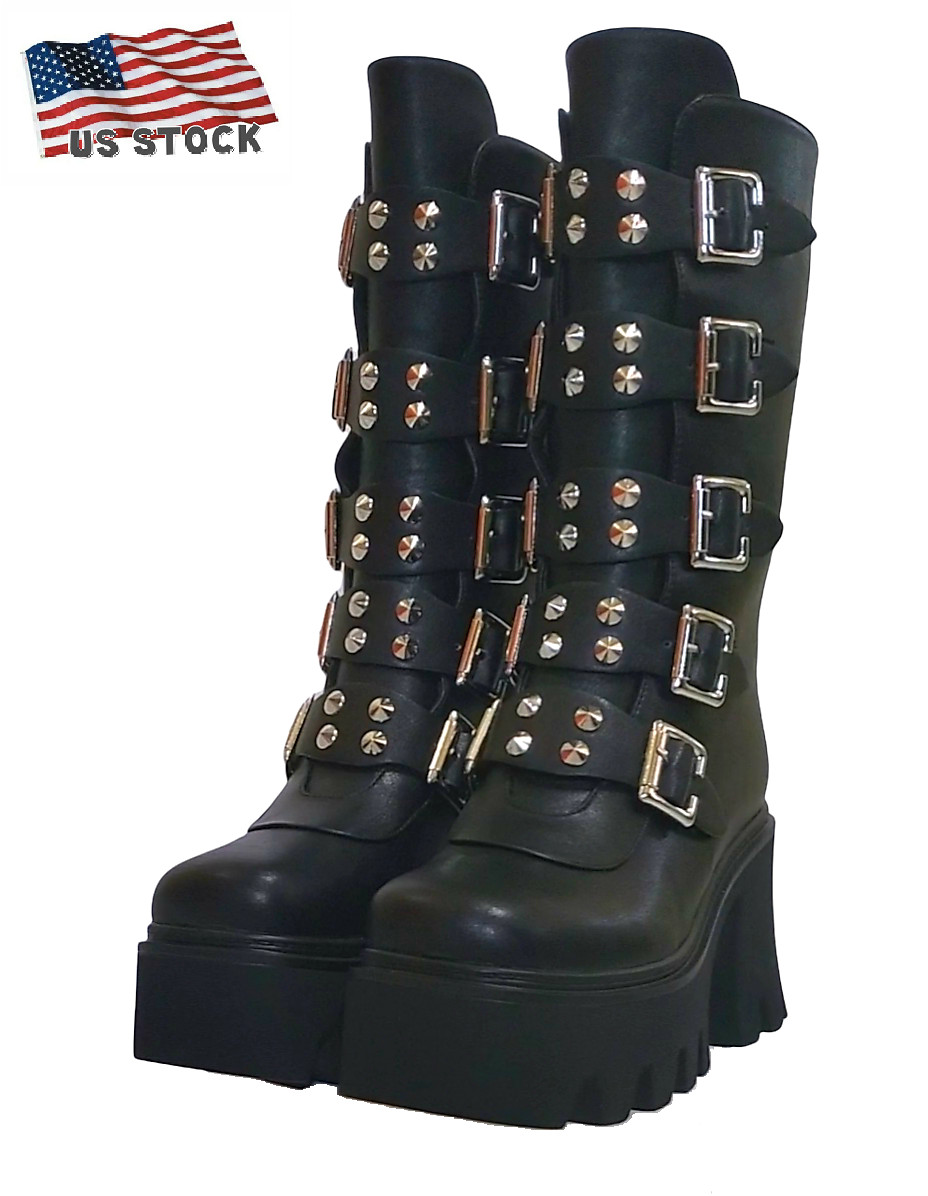 Women Black Gothic Platform Boots Vegan Combat Chunky Punk Studded Metal Buckle