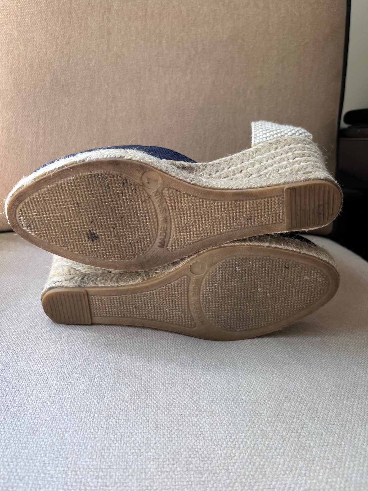 Soludos Marseille Wedge Espadrille Sandals NAVY Linen & with Ankle Tie ~ Size 7
