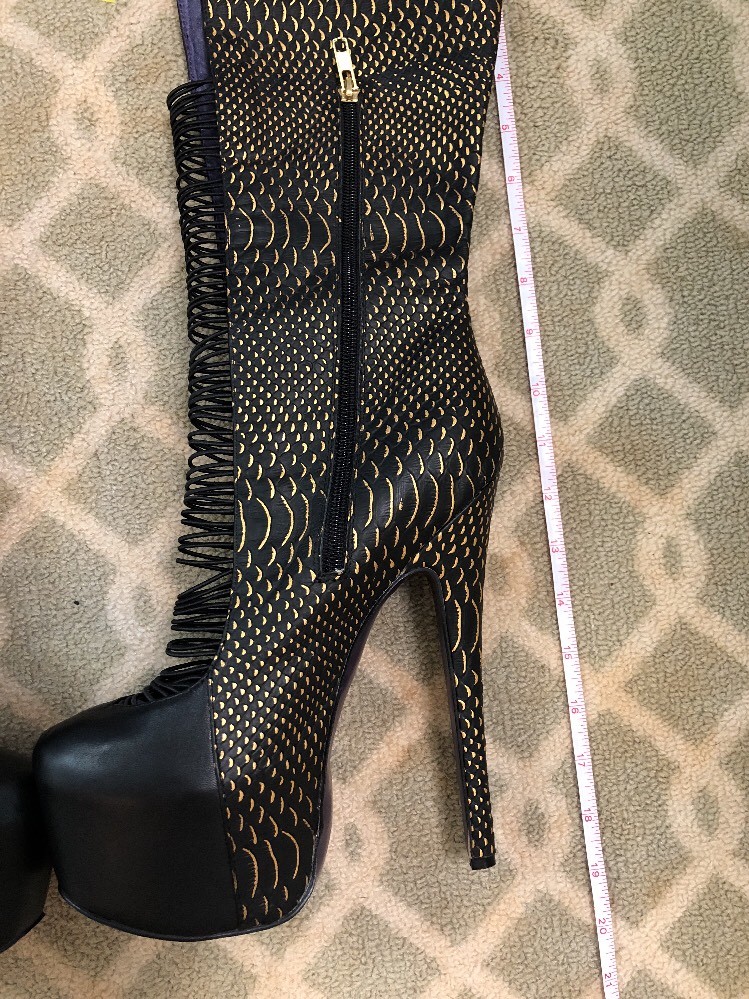 London Trash Crucify Wedge Strappy High Heel Leather Boots 8 Gold Snake Black