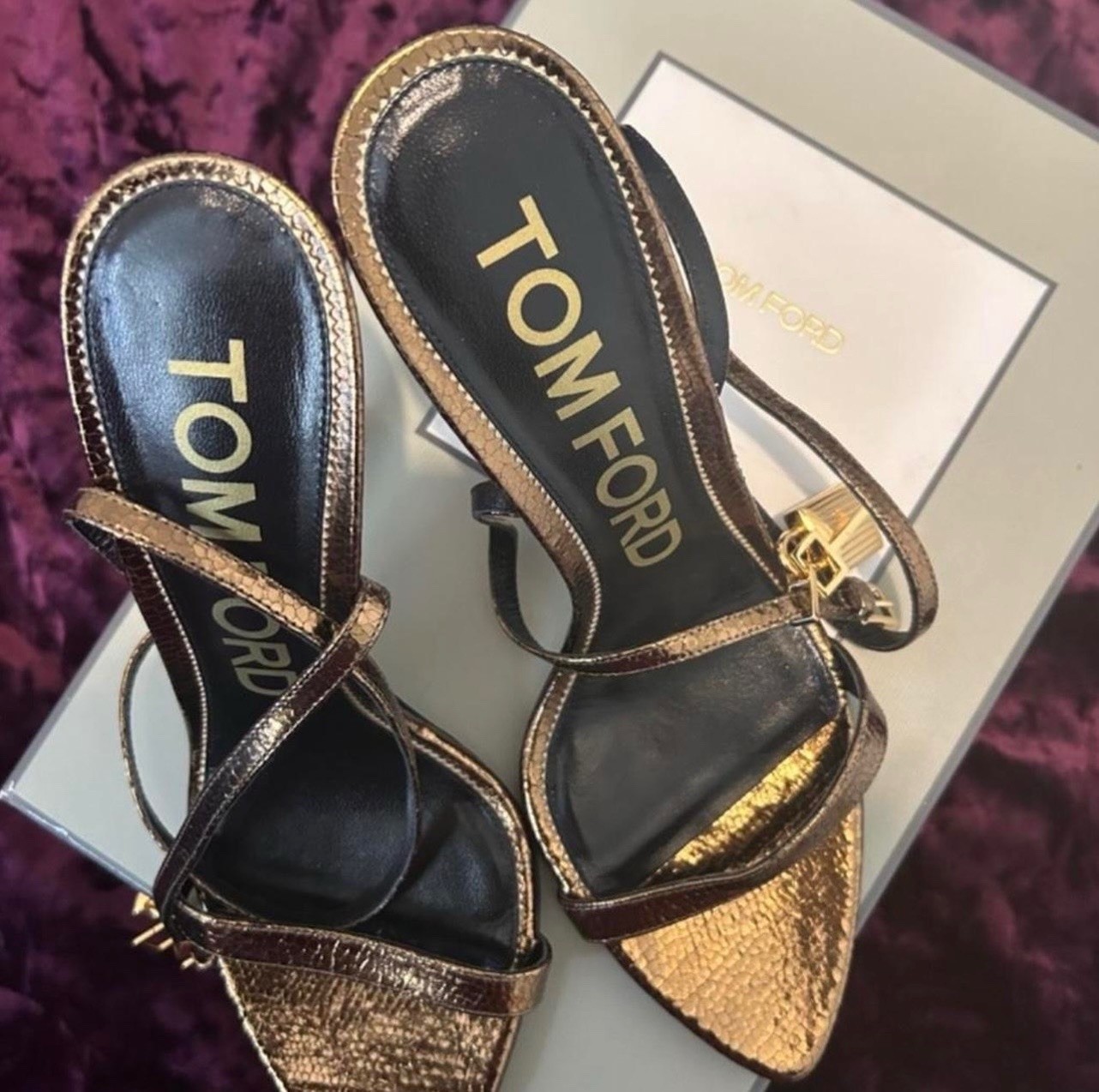 TOM FORD Women’s Gold Strappy Padlock Ankle Strap Pointed Stiletto EU 39