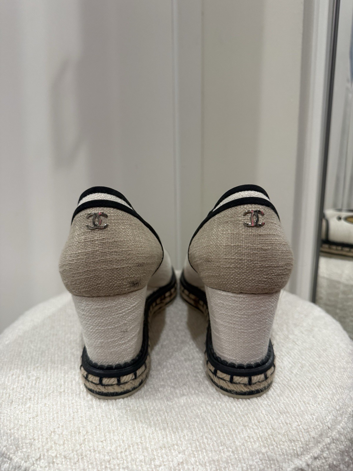 CHANEL Beige/Black Canvas CC Logo Wedge Espadrille Flats Slip-On Women 10