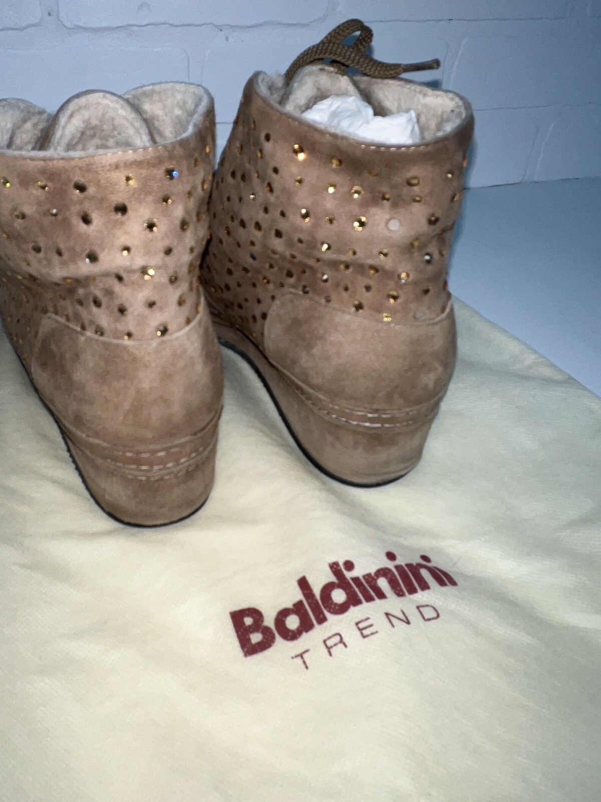 Baldinini Brown Furry Crystal Stone Ankle Shoe Boot Size 38 US 6.5 – SEE PHOTOS