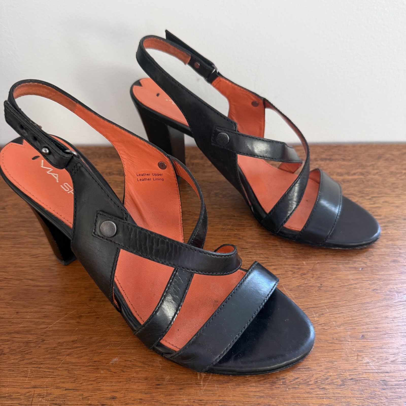 Via Spiga Black Leather Cross Strap Sandals Wood Block Heel Slingback Cross 7.5M