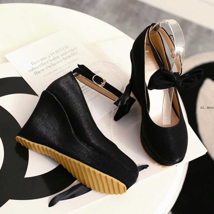 Women’s Round Toe Wedge Heeled Platform Wedding Shoes Bow Tied Shoes Pumps