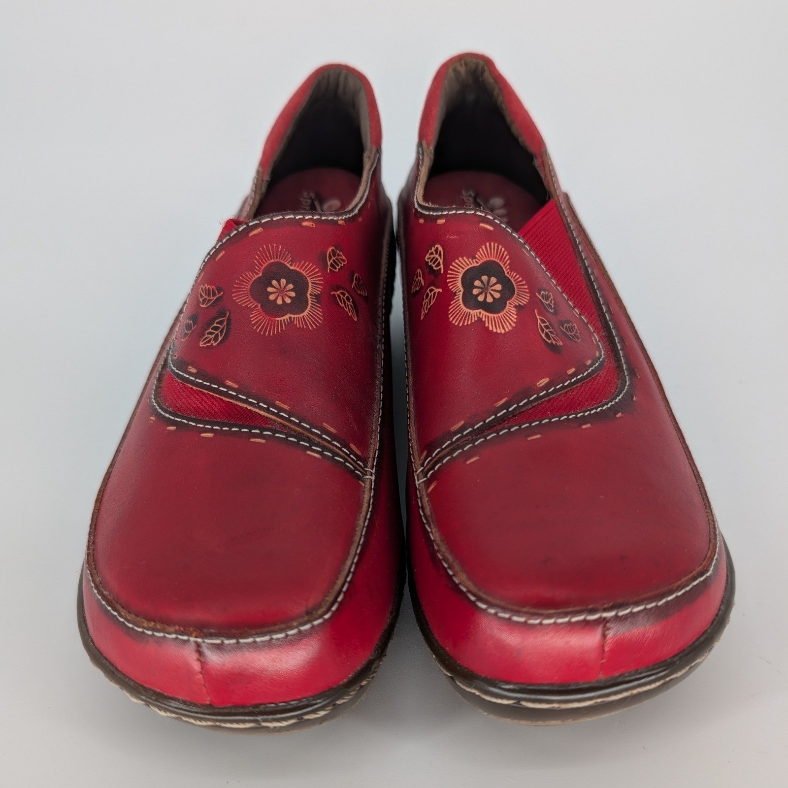 Spring Step Burbank Clog Loafer Women 38 Red Leather Floral Stitched Boho Artsy