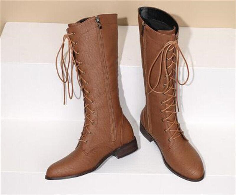Women’s Mid Calf Boots Punk Casual Shoes Flat Lace Up Side Zip Riding Outdoor SZ