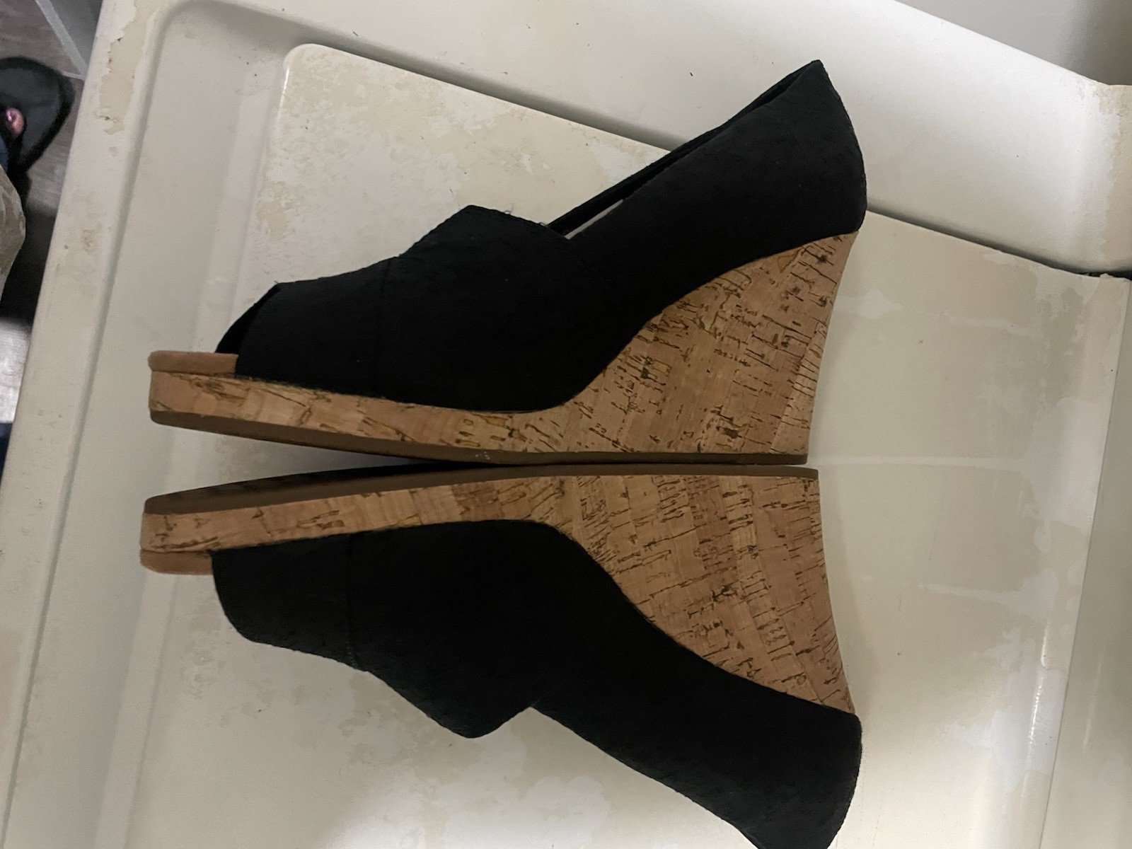 TOMS Women’s Black Peep Toe Cork Wedge Slip-On Heels US 8 EU 38.5