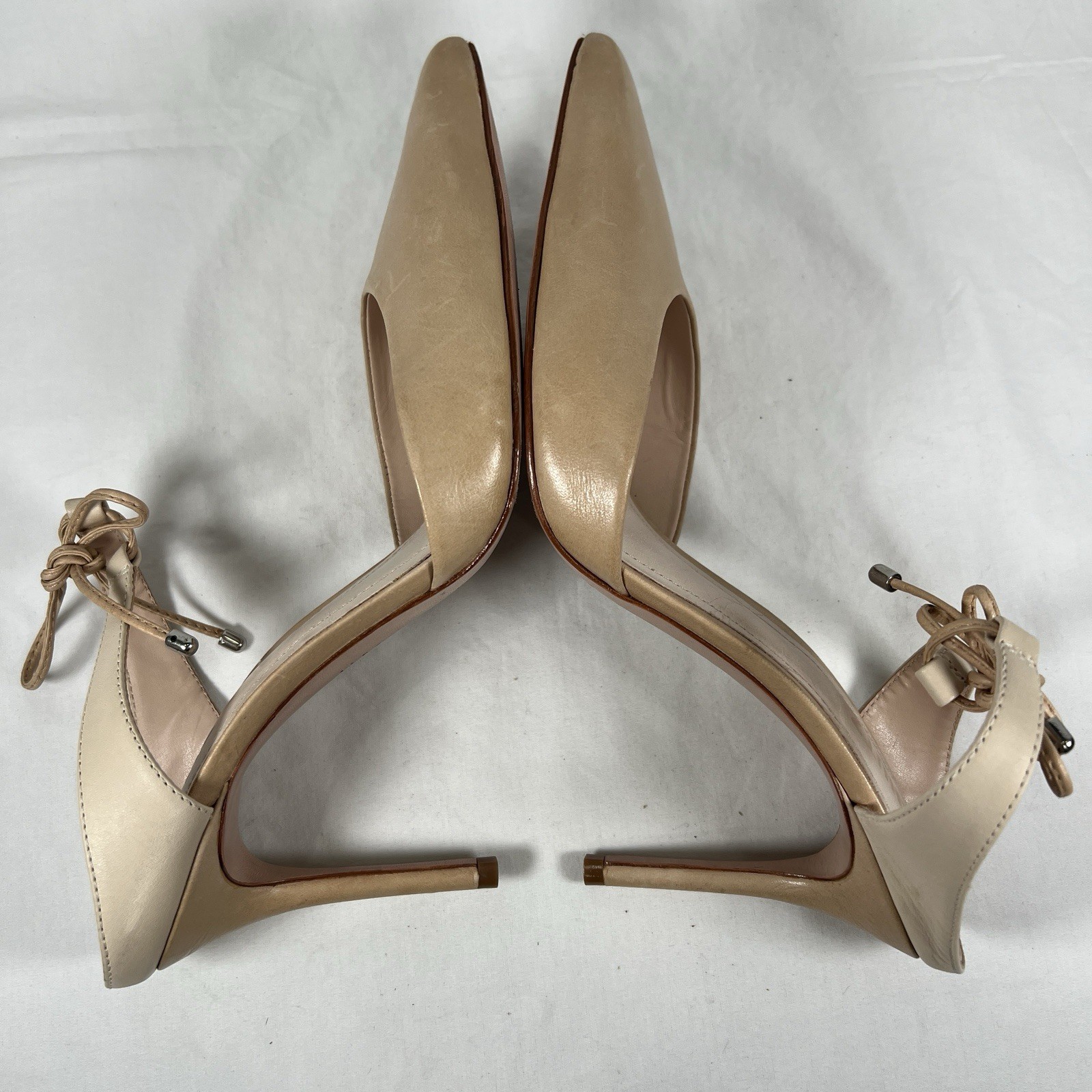 Schutz Nude Leather Pointed Toe Heels Ankle Tie Minimalist Quiet Luxury Sz 9.5B
