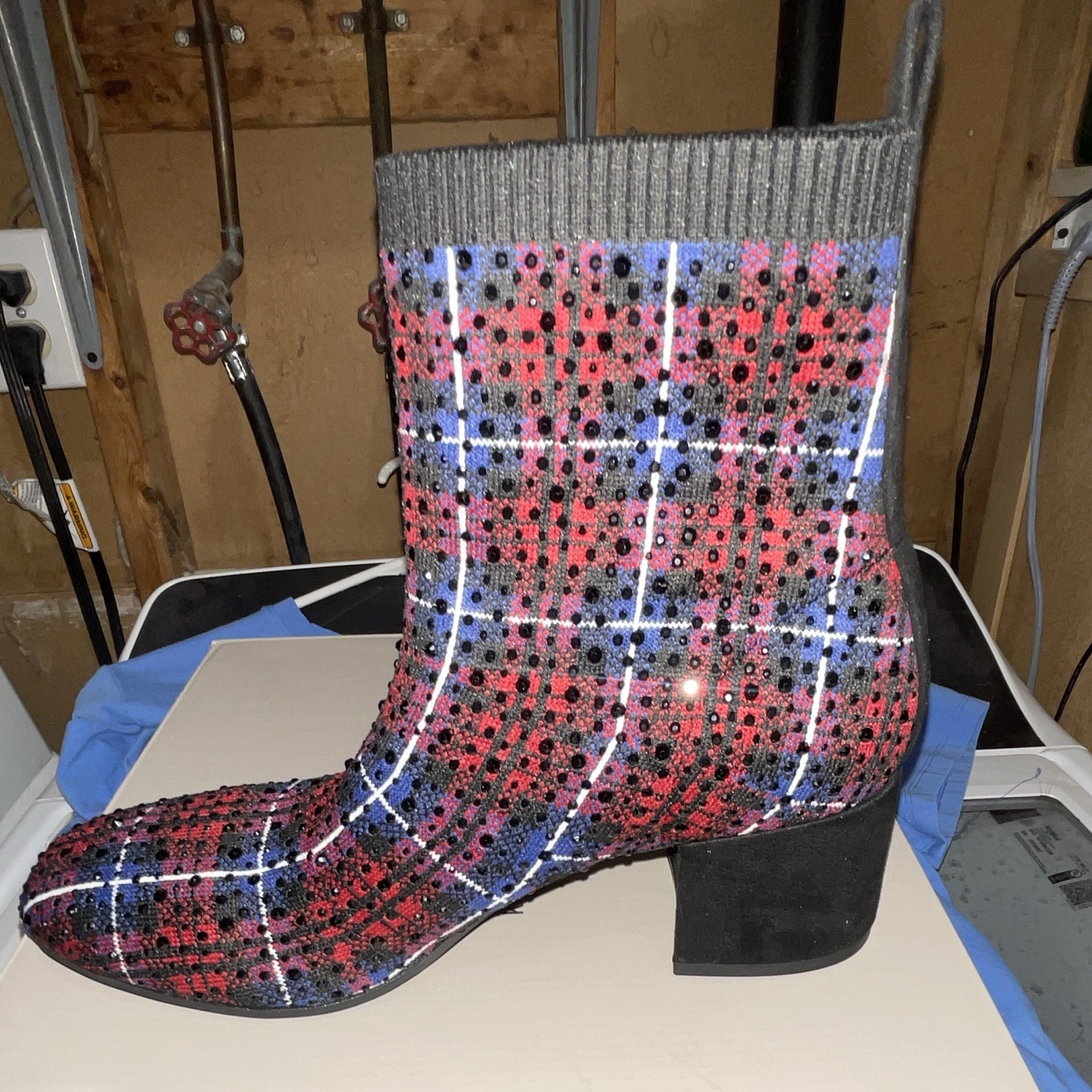 Kenneth Cole Reaction Irida Stretch Jewel Plaid Knit Ankle Bootie US 7.5 M