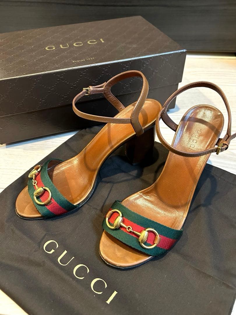 GUCCI Sherry Line Horsebit Sandals Brown Leather Size 37.5 US 7.5 Used Auth
