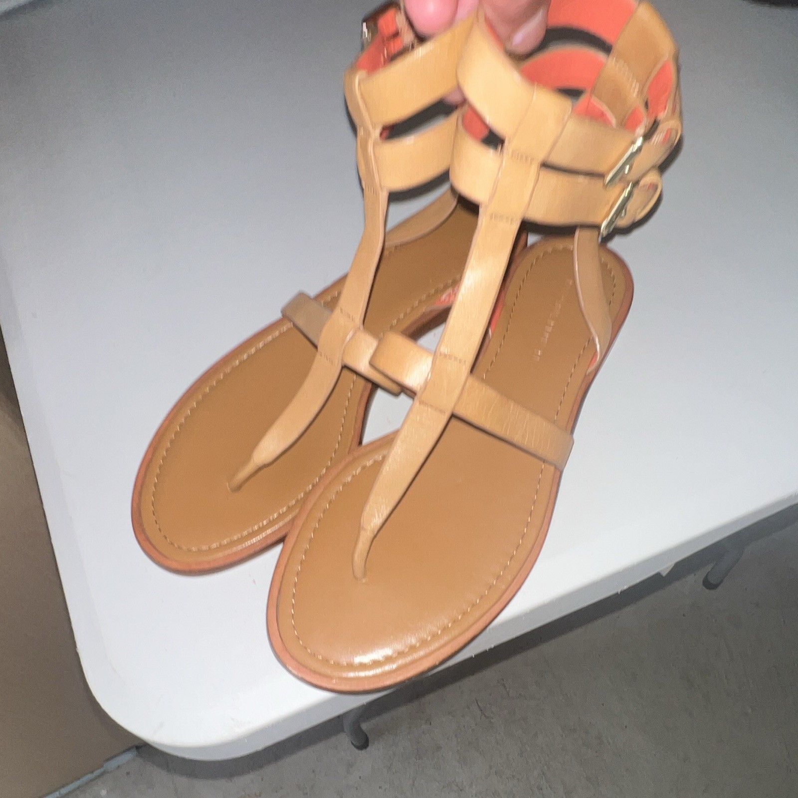 Banana Republic Tan/Orange Leather Strappy Thong Sandals 8M Buckle Ankle Strap
