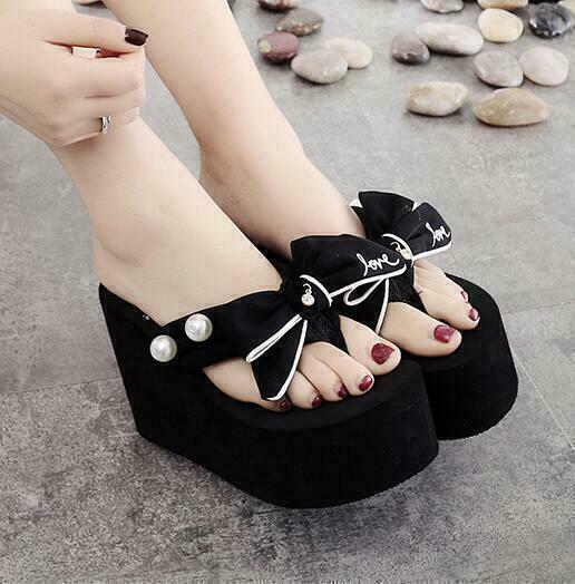 Womens High Platform Wedge Heel thongs Bowknot creepers Slippers Shoes Clip Toe