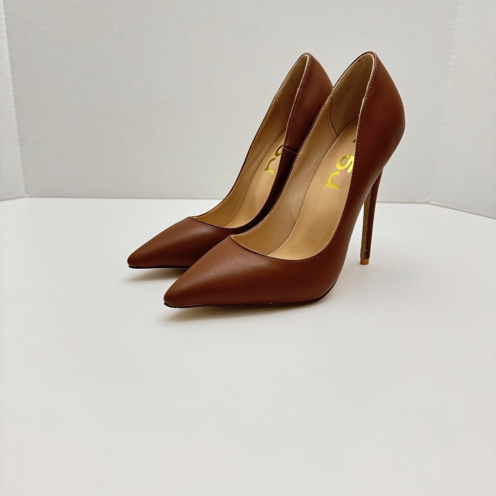FSJ Brown Leather Shoes Heels Stiletto Pointed Toe Womens Size 4 Fits Like Sz 5