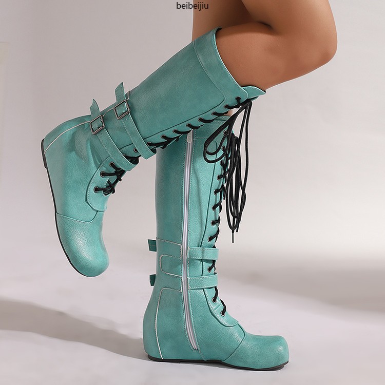 Women’s Mid Calf Hidden Wedge Heel Boots Lace Up Buckle Casual Shoes 48/49/50