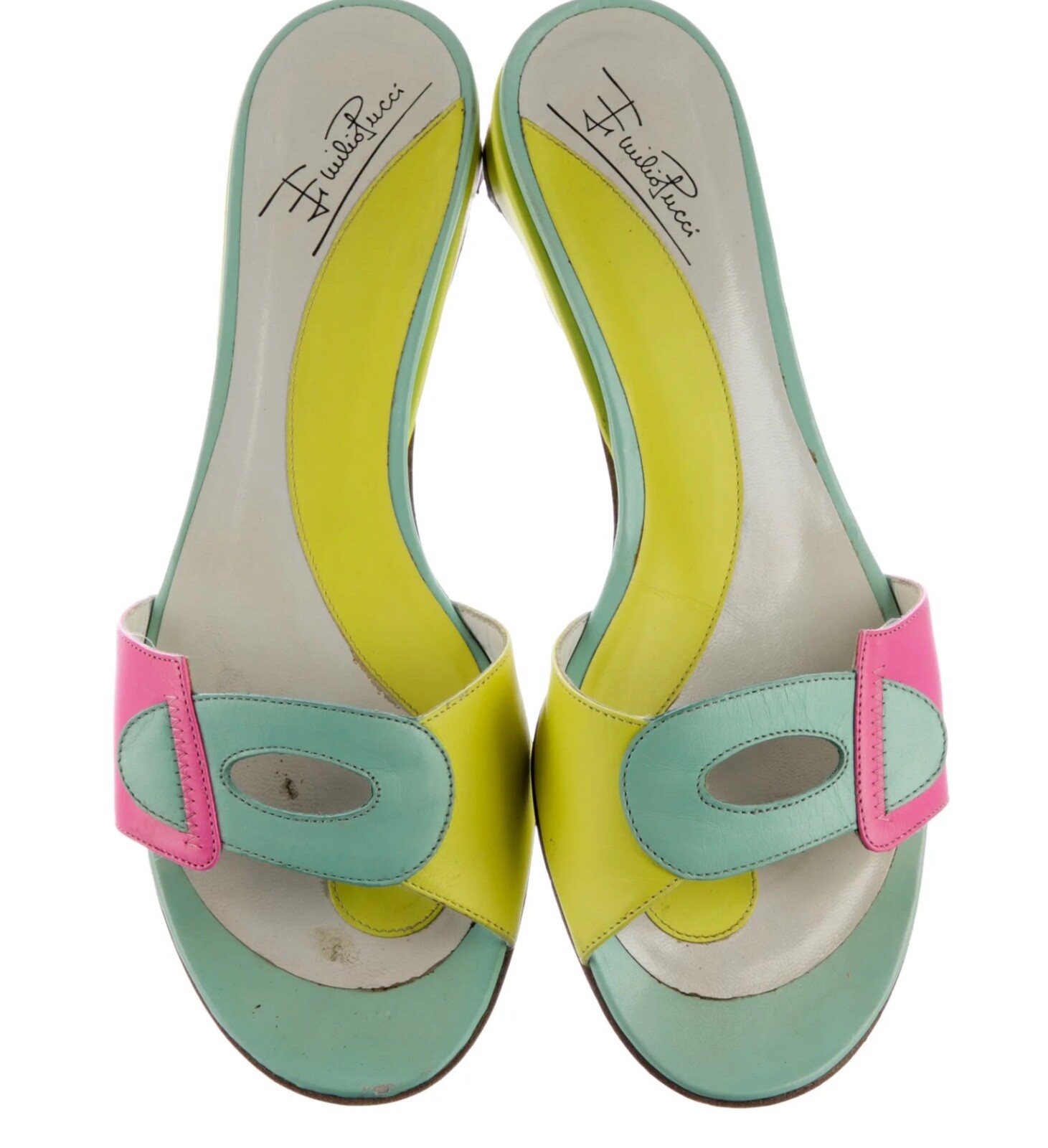 Emilio Pucci Colorblock Leather Yellow Pink Green Slides Sandals Shoes 35