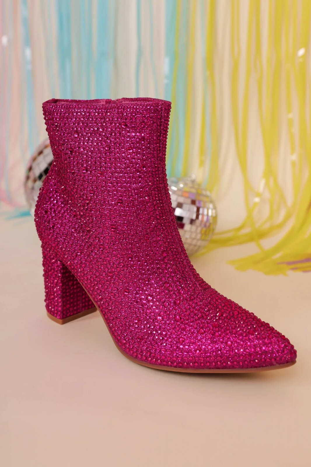 New Fuchsia Hot Pink Rhinestone Embellished Bling Ankle Boots Booties Block Heel