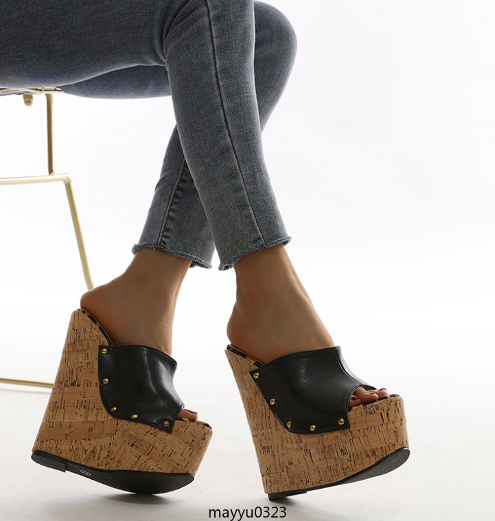 Women’s Peep Toe Rivet Wedge High Heel Platform Slip On Sandals Studded Shoes