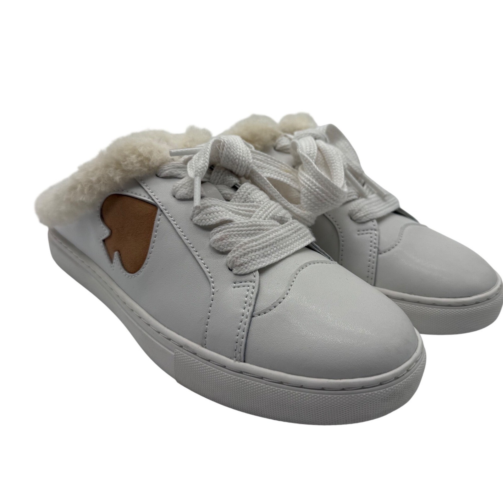 Kate Spade Fez Mule Winter Lace Up Sneaker White Leather Faux Fur Trim 7.5B