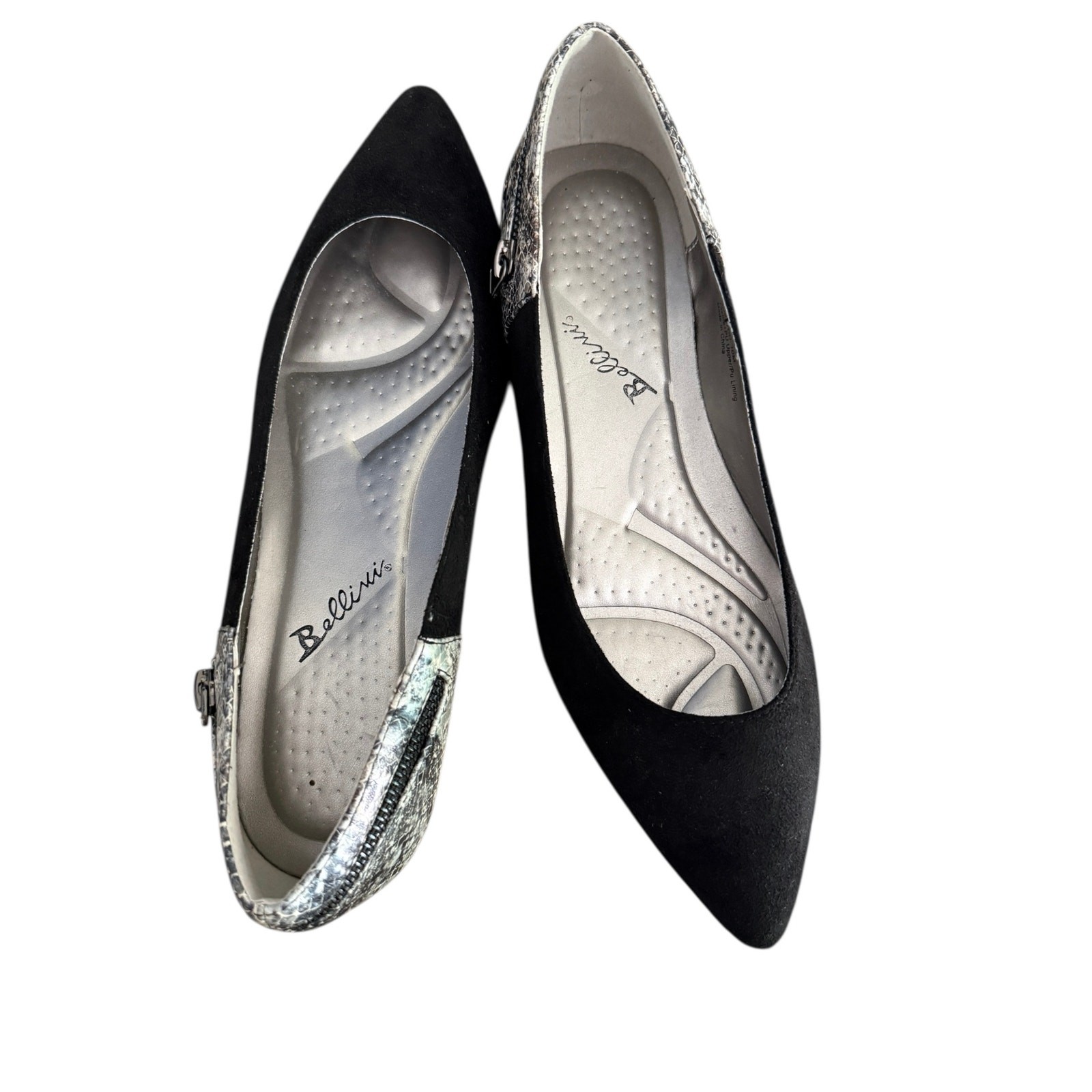 Bellini Navatoo Black Faux Suede Pointed Flats Snake Embossed Heel Zip 10