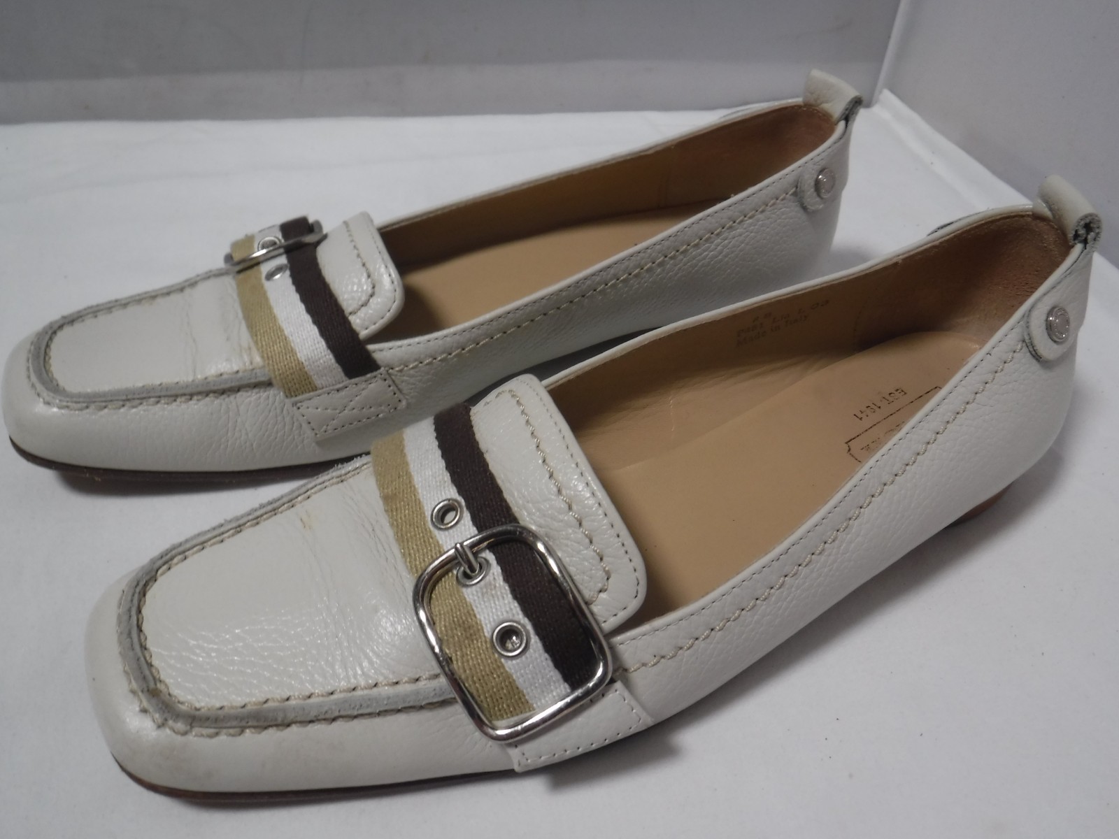 VTG Coach Lia Loafers Women’s Ivory Leather W/ Tri-color Canvas Strap Size 8