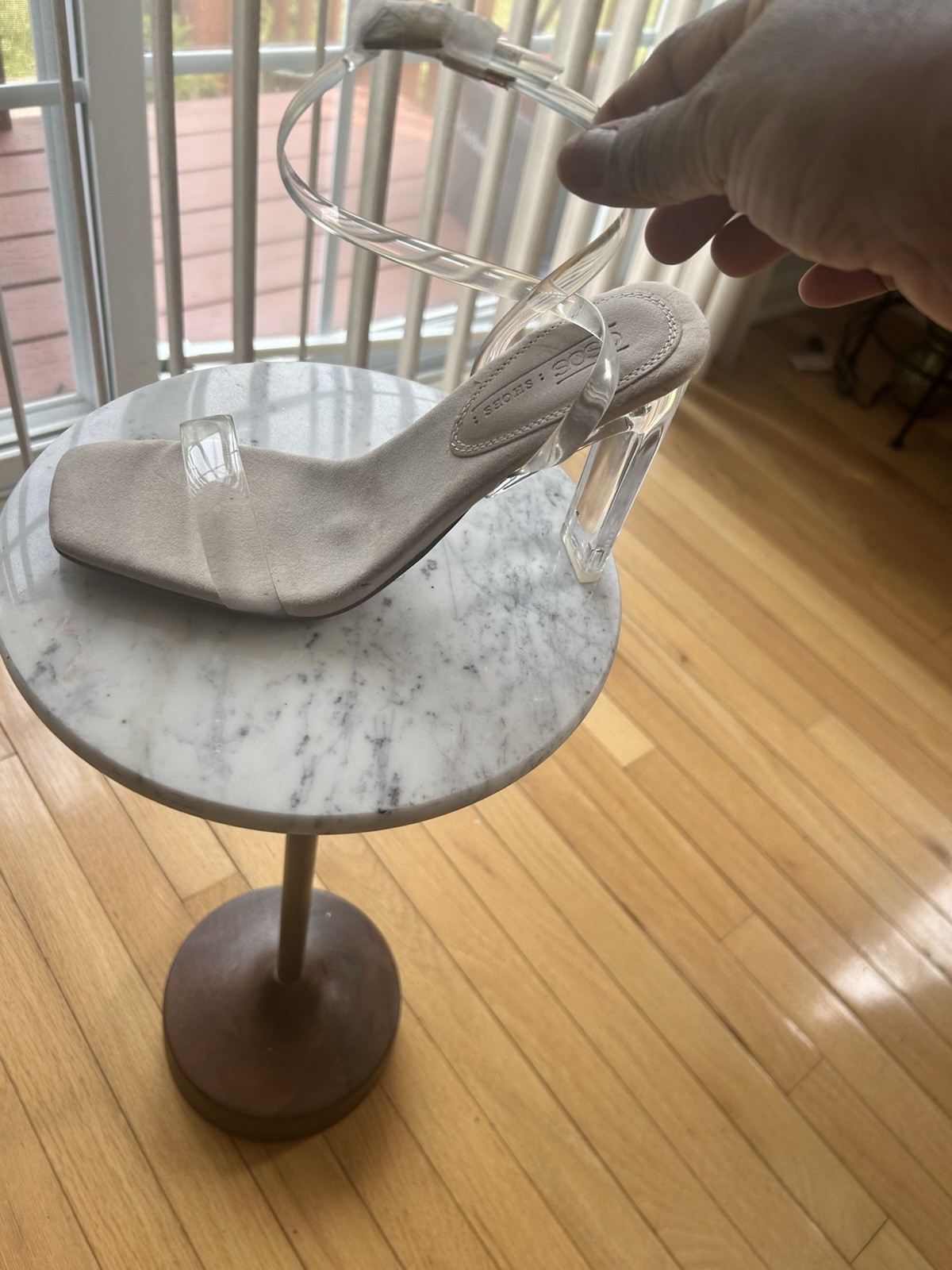 ASOS Beige/Clear Ankle Strap Buckle Block Heel Square Toe Strappy Heels 8