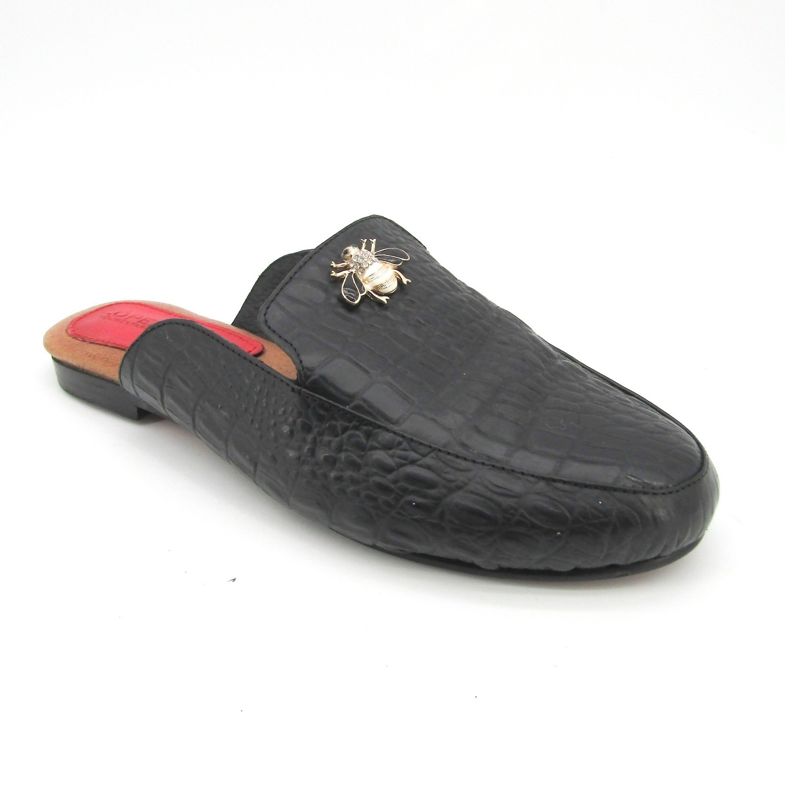 Lopez Indumentaria Black Croc Embossed Bee Embellished Mules Women Size 41