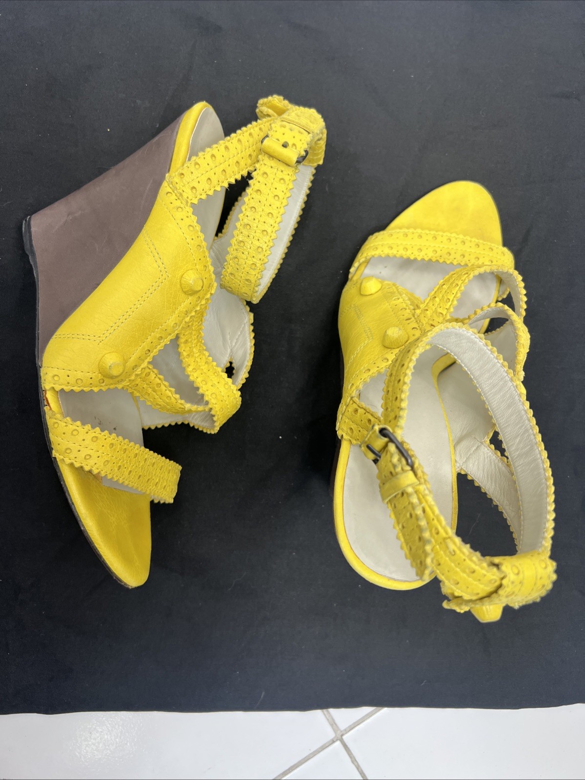Balenciaga 40 Wedge Sandals Mules Gladiator Caged Pump Booties Yellow City Studs