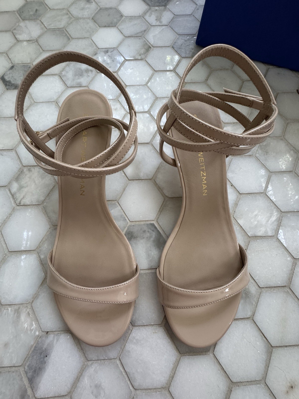 Stuart Weitzman Beige Patent Leather Strappy Ankle Strap Block Heel 8B
