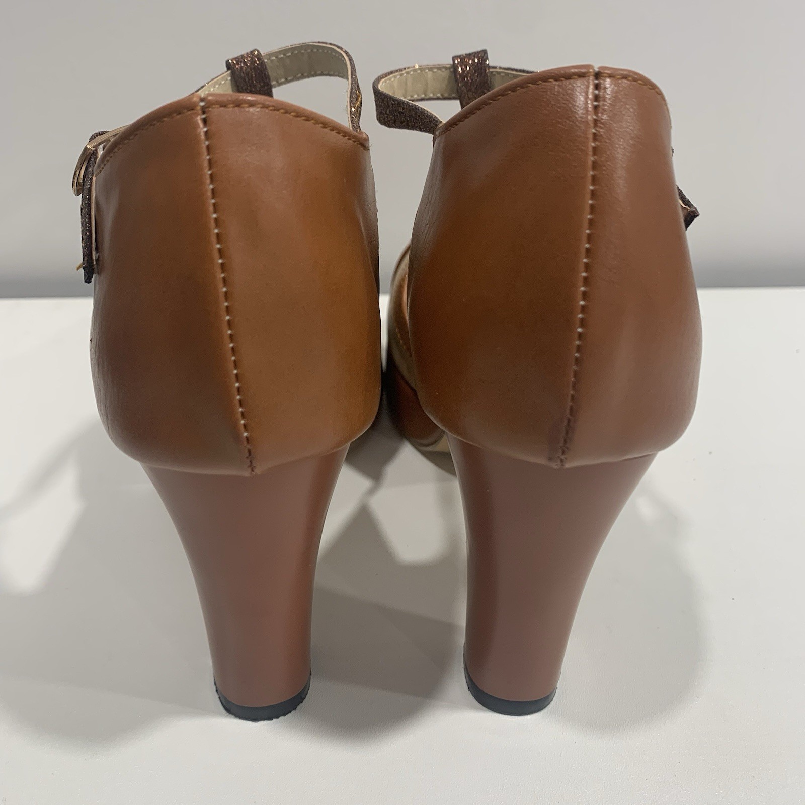 Chic Mary Jane Ankle Strap Block Heel Shoes Brown Women’s EU 38 US 7.5-8 Sparkle