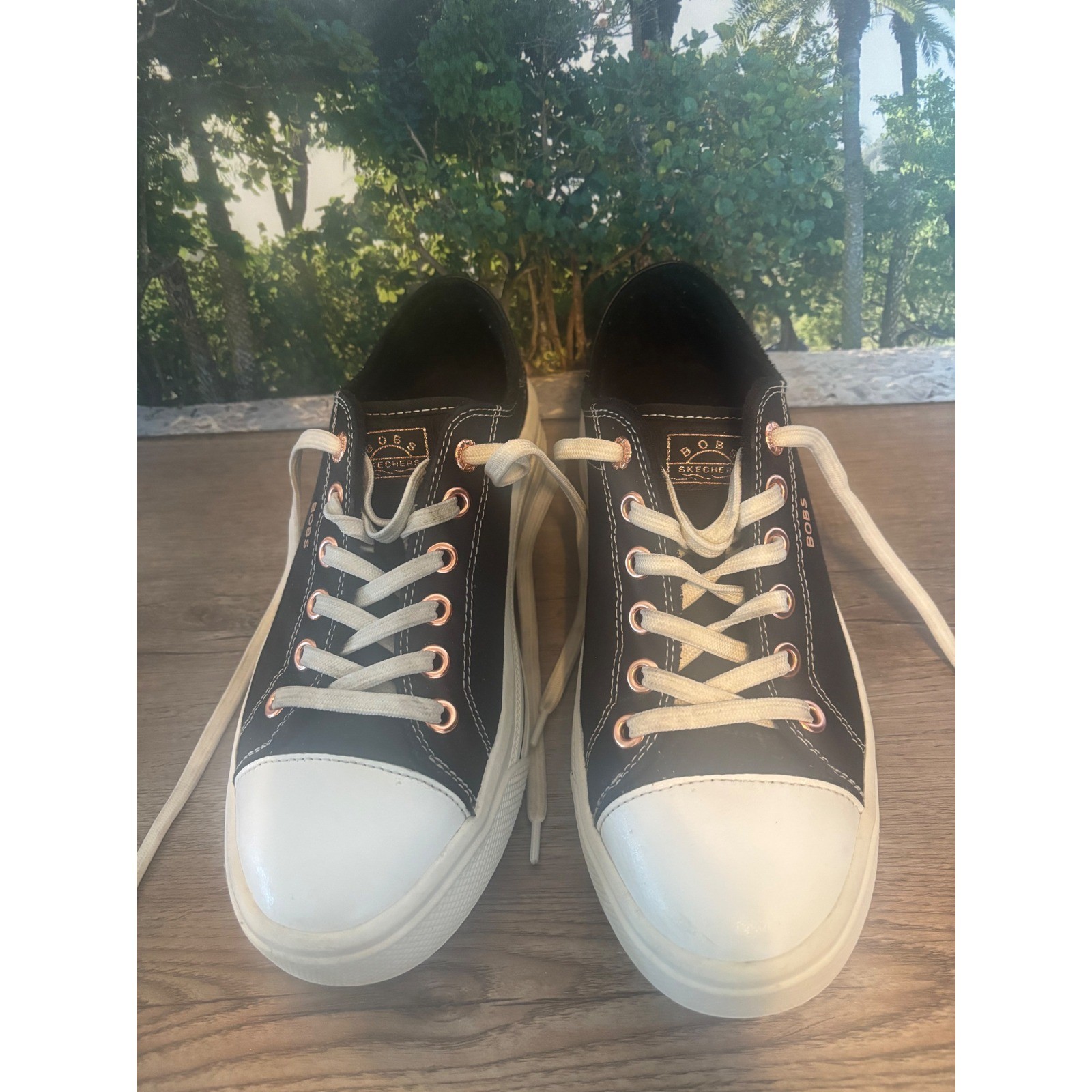Skechers BOBS B Cute Black Platform Sneakers Rose Gold Eyelets Memory Foam