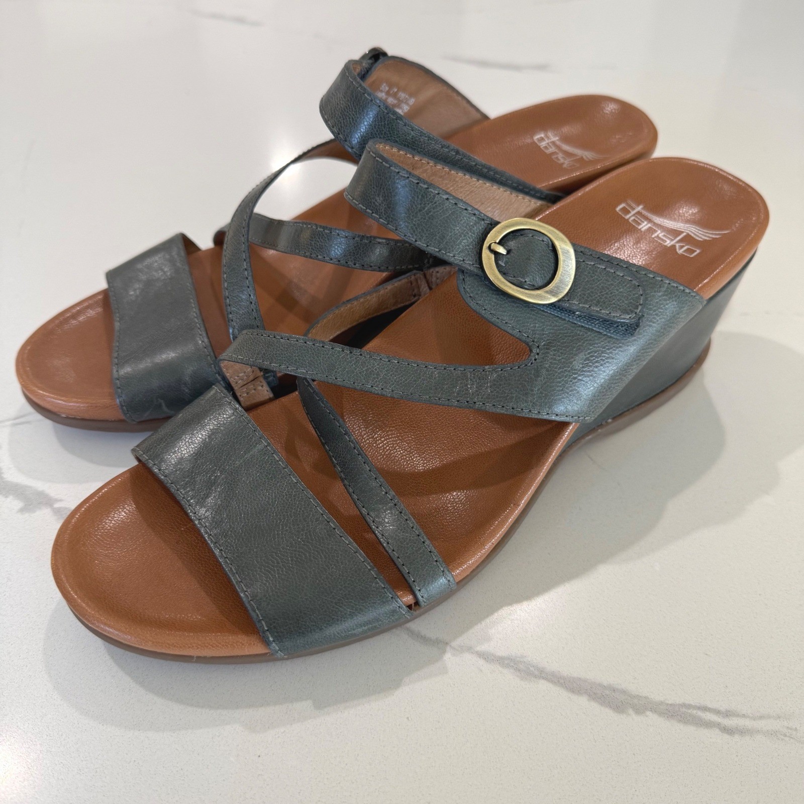 Dansko Ana Womens Gray Blue Leather Strappy Wedge Sandals Size 41 Shoes 10.5-11