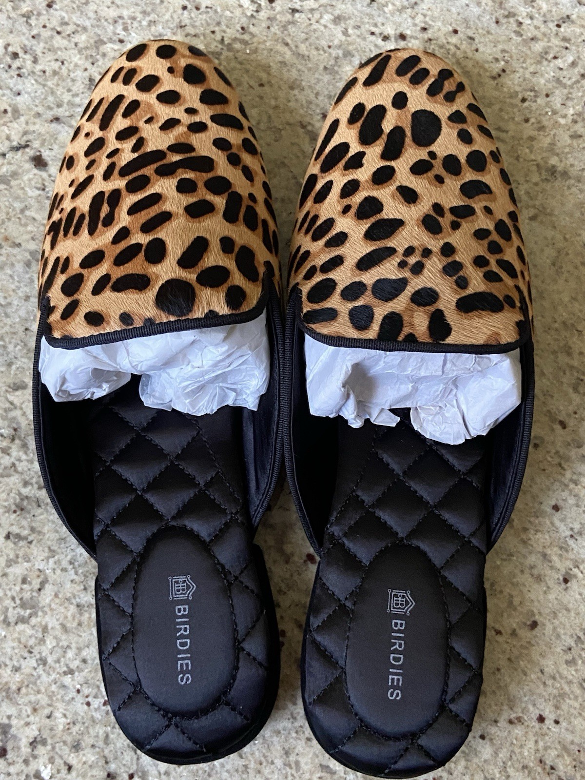 NEW Birdies Quilted Cushioned Calf Hair Animal Print Slip-On mule Tan/Black 7.5