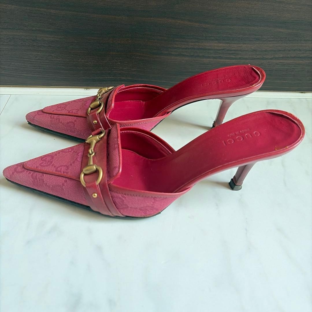 Gucci GG Pattern Mule Sandals Size 34H Pink Canvas Leather Rare