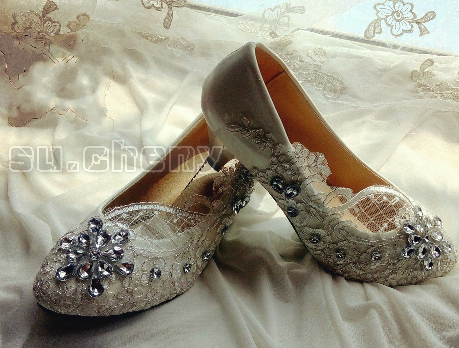su.cheny- Lace white ivory crystal flats low high heel pump Wedding Bridal shoes