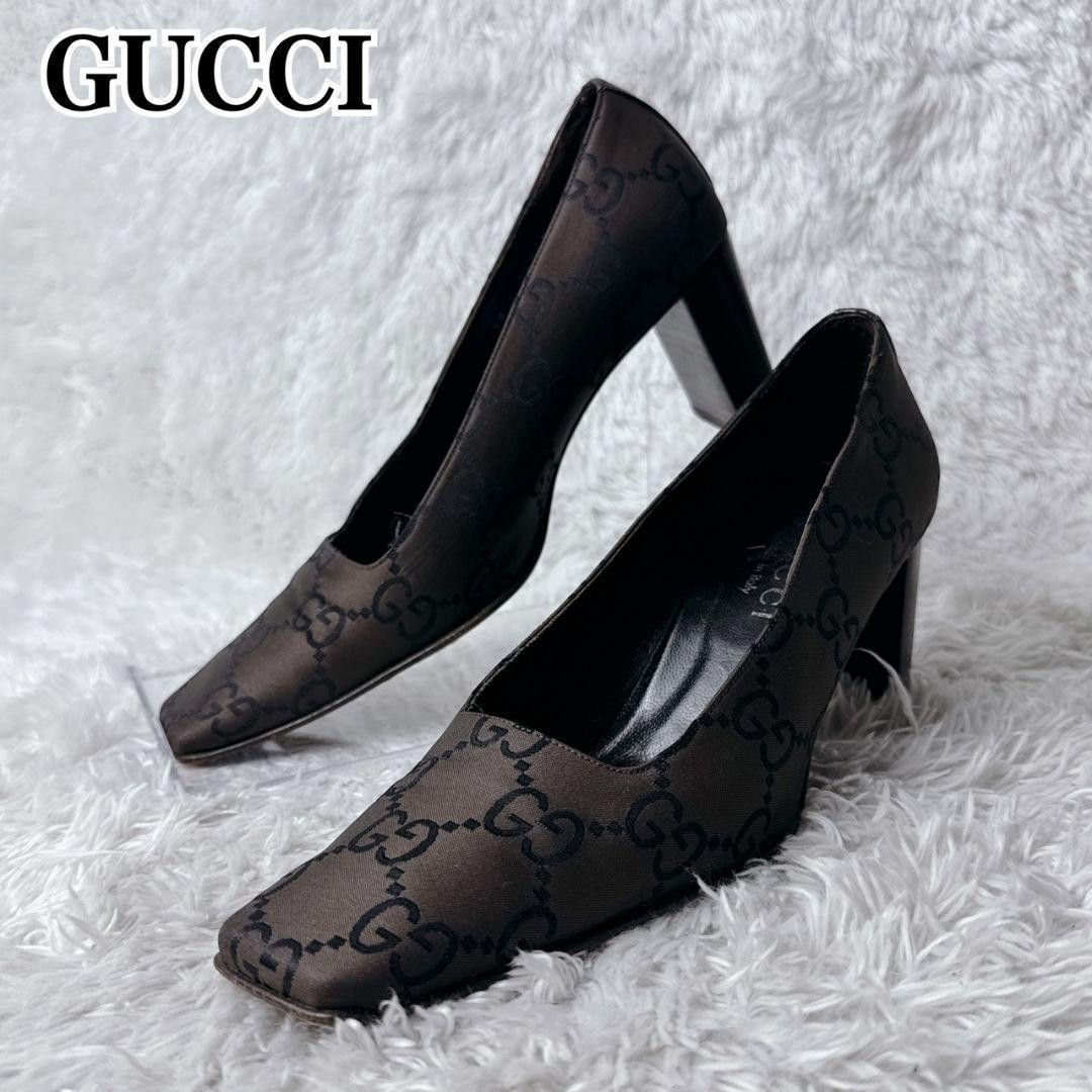 Rare GUCCI GG Pattern Brown Square Toe Heels Shoes 35.5 C 22.5cm US 5.5