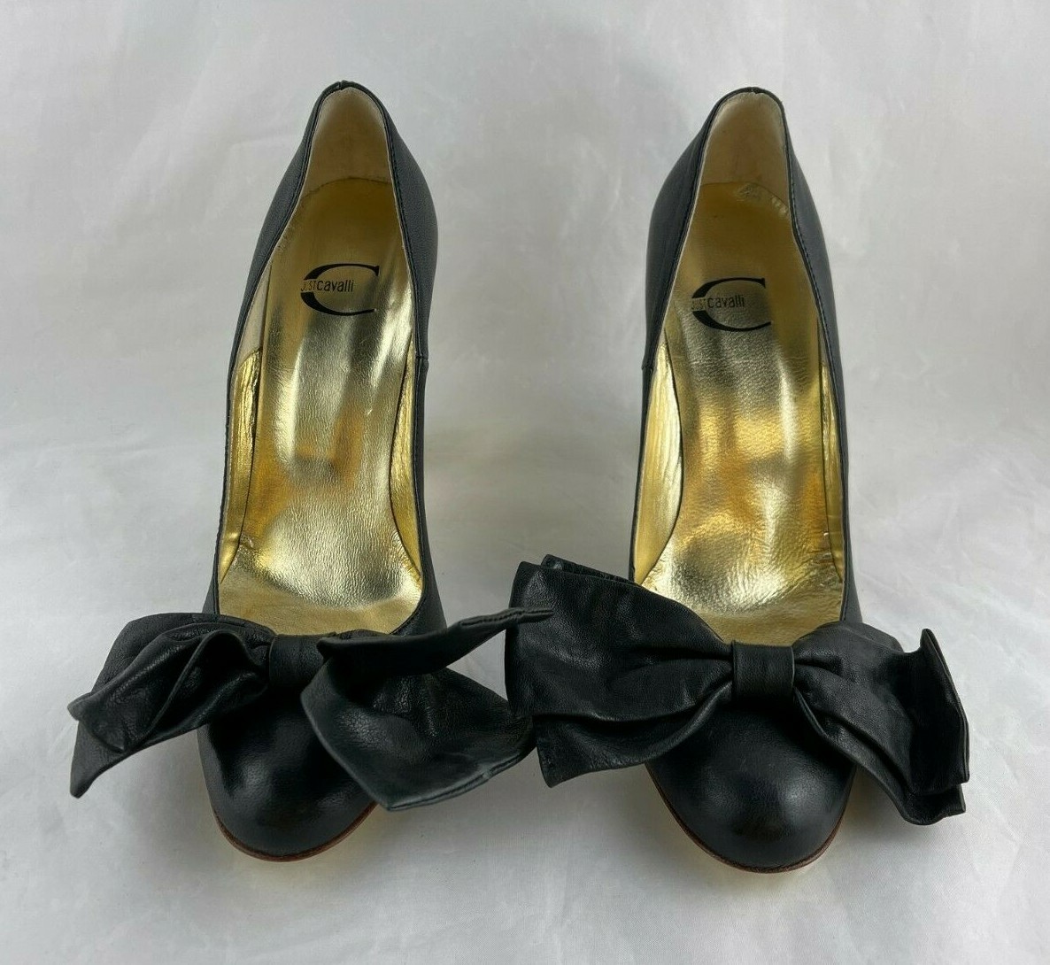 Just Cavalli women black leather hill with bowshoes Size 39 NWD
