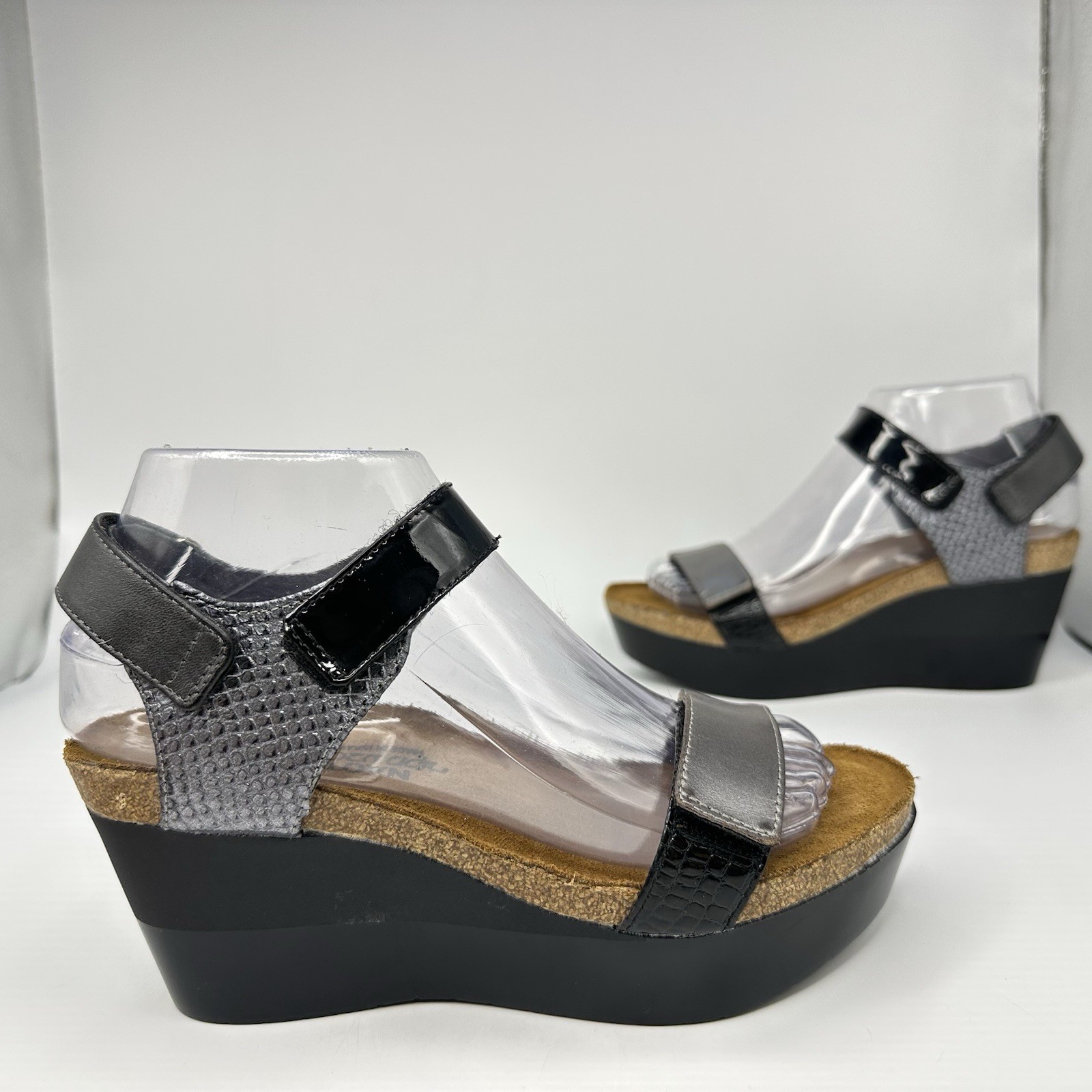 Naot-Miracle Women 6 US EUR 37 Pewter Black Cork Wedge Adj Ankle Strap