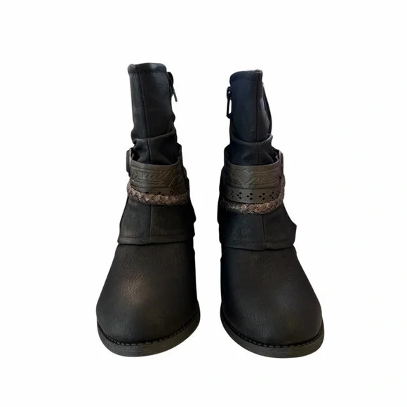 Jellypop Evolve Black Heeled Boots Strap Boho Western Winter Fall Moto Women’s